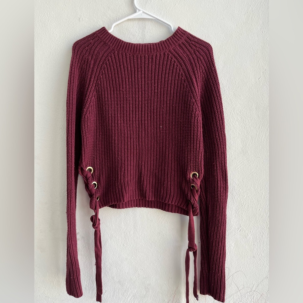 Women's Burgundy Sweater with Lace-Up Detail